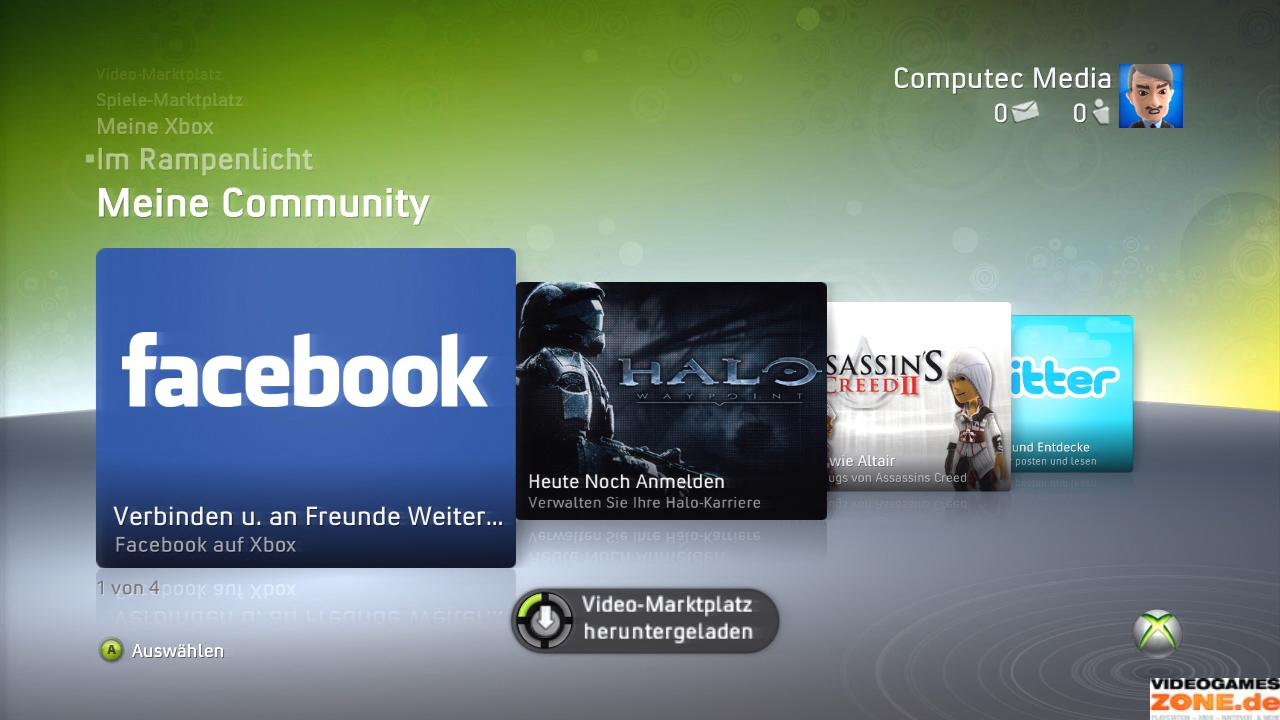 [17/11/2009] 16. November 2009: Soziale Netzwerke wie Facebook und Twitter sind als App für Xbox 360 erhältlich.
