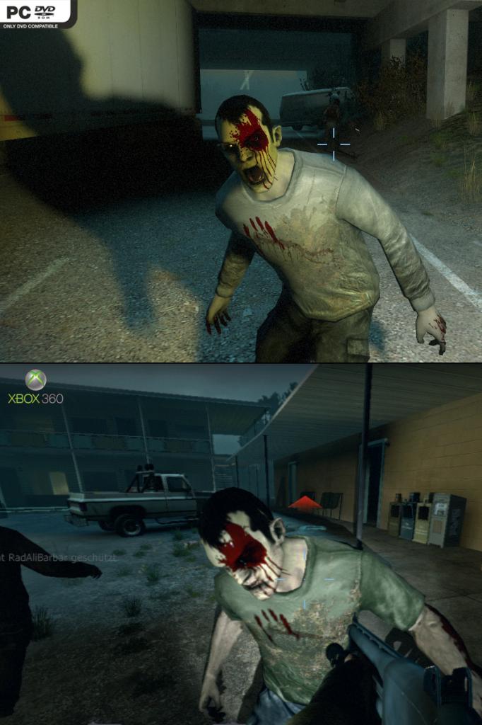 [19/11/2009] Left 4 Dead 2: PC gegen Xbox 36 - Auch wenn dieser Screenshot das Gegenteil nahelegt: Die Xbox360-Version kommt mit weniger Splatter- beziehungsweise Bluteffekten daher.