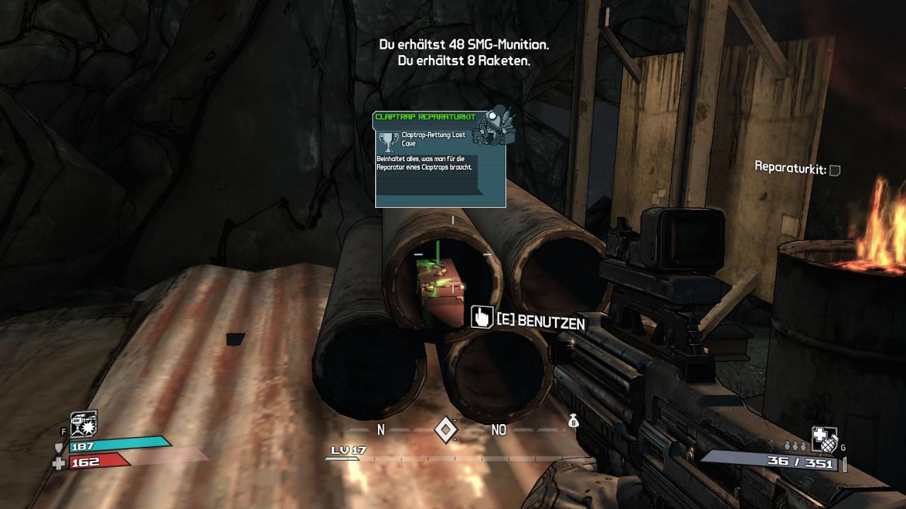 [12/12/2009] In der Lost Cave finden wir das Reparaturkit für den beschädigten Claptrap-Roboter an der Missionsmarkierung in diesem Rohr.