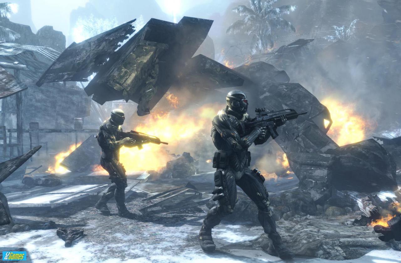 [08/12/2009] Crysis: Bei der Realisation des Winter-Levels bedient sich Crysis nicht nur weißen Texturpaketen, sondern gleich einer kompletten Schneesturm-Kulisse. Passende Soundeffekte untermalen das Bildschirm-Geschehen, Schneeflocken fliegen durch die Gegend und Felsbrocken fallen in die Tiefe oder rollen Abhänge hinunter.