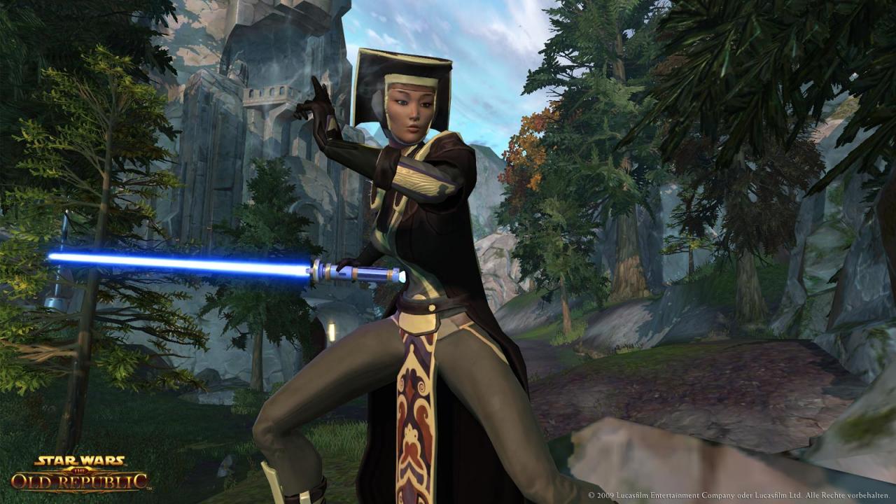 [05/12/2009] Diese Jedi-Botschafterin nimmt mit gezogenem Lichtschwert eine ruhige, kontrollierte Haltung ein und ist bereit für den Kampf: HD-Screenshots zu Star Wars: The Old Republic.