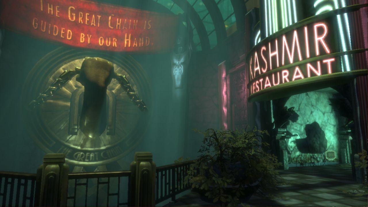 [14/01/2010] BioShock versetzt uns in die Unterwasser-Metropole Rapture der 1960er-Jahre. In welchem Jahrzehnt wir uns befinden, machen wir unter anderem an der Verbindung des Art-Deco-Stils und den grellen Farben aus. Beleuchtet wird Rapture zu großen Teilen durch Neonleuchten, was der dystopischen Metropole einen einzigartigen Look verleiht.