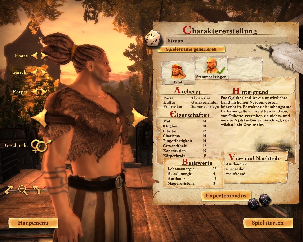 [29/01/2010] Charaktererschaffung in Drakensang: Am Fluss der Zeit - für jeden Archetypen lassen sich die wichtigsten Infos über dessen Attribute schnell ablesen. Ein Klick auf den Expertenmodus lässt Sie dann tiefer in die Materie von Talenten, Steigerungspunkten usw. hinabsteigen.Übrigens sehen Sie hier eine der Frisuren des Gjalskerländer Stammeskriegers - in der Tat eine 