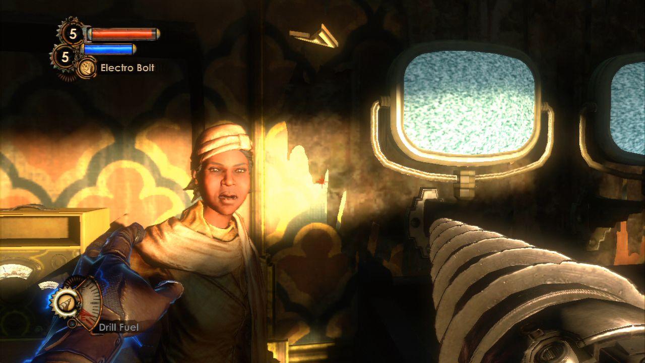 [08/02/2010] Anders als im Vorgänger treffen wir in Bioshock 2 regelmäßig auf andere Menschen, also Nicht- Splicer. Die Mission, in der Sie Grace (im Bild) begegnen, ist ganz nett, allerdings ercheint uns deren Rolle im Rapture-Gefüge etwas konstruiert. Und (Vorsicht, Spoiler!): Bei einigen wenigen solcher Treffen dürfen Sie entscheiden, ob Ihr Gegenüber das Tête-à-tête überleben soll oder nicht.