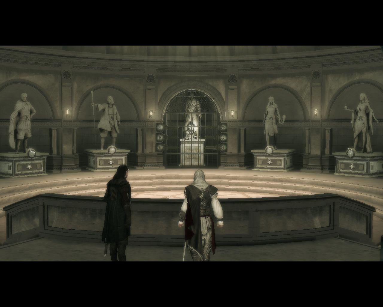 [03/03/2010] Im Keller von Ezios Villa befindet sich ein Geheimraum, wo die Rüstung seines Vorfahren Altaïr eingelagert ist - gut verschlossen hinter sechs Siegeln.