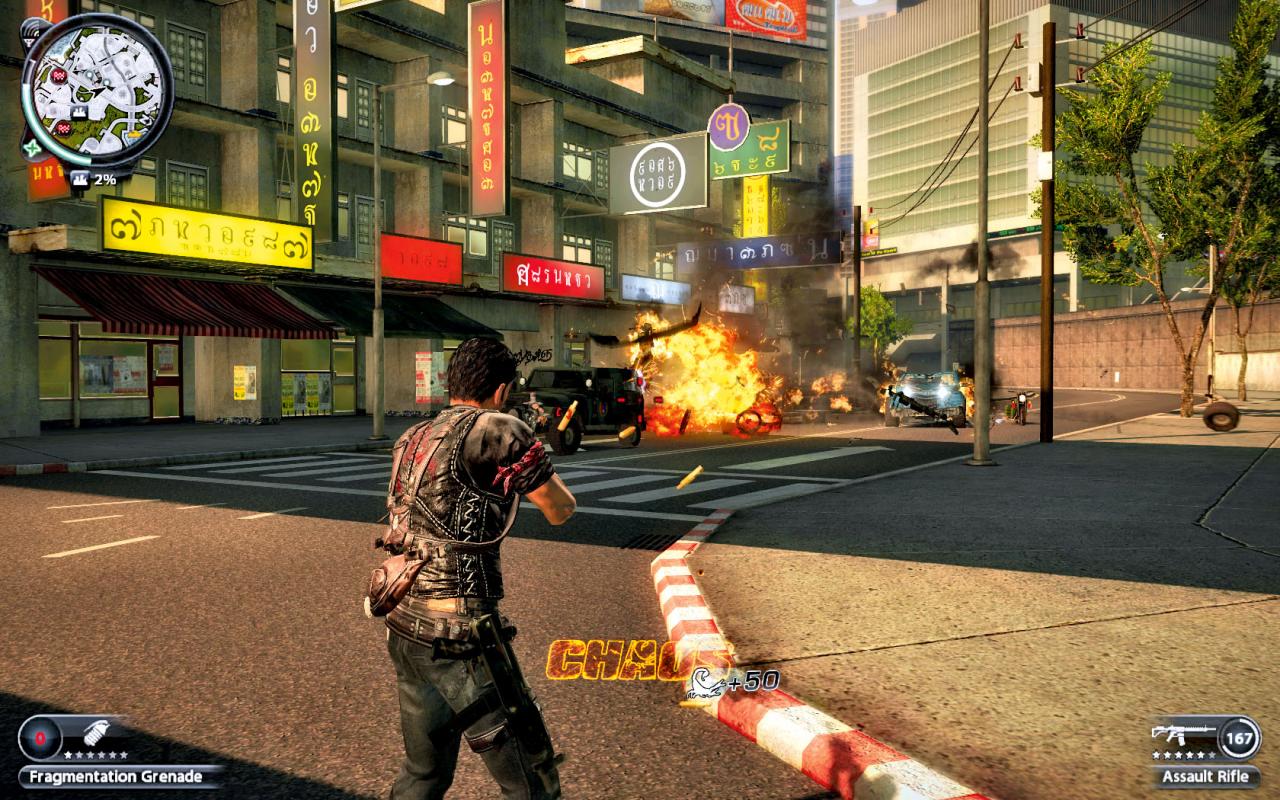 [24/03/2010] Bei den Straßenschlachten in Just Cause 2 gehen feindliche Fahrzeuge schon mal reihenweise in Flammen auf und explodieren effektreich.