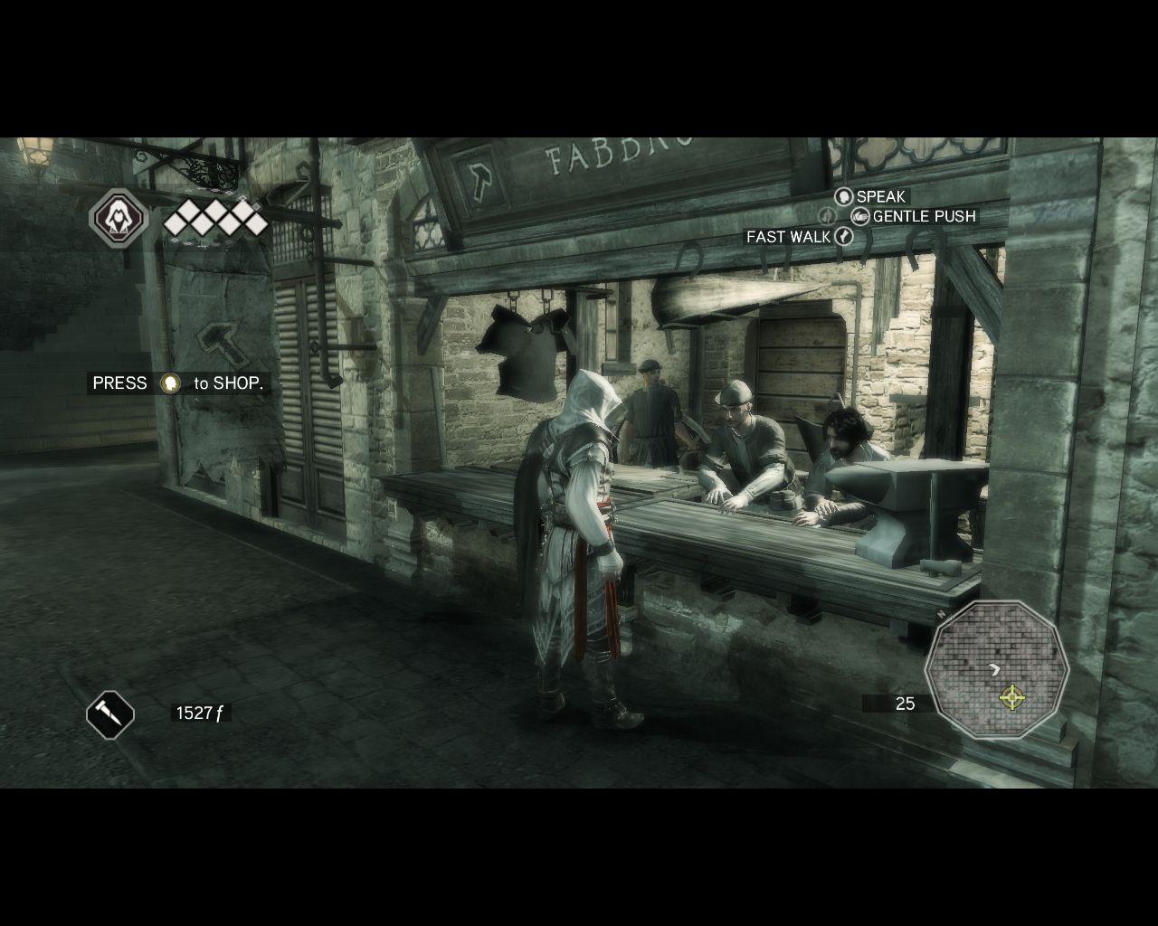 [03/03/2010] Bei Händlern ersteht Ezio neue Ausrüstung, Medizin und Waffen, außerdem Zierobjekte für seine Villa und Stofffarben für seine Kleidung.