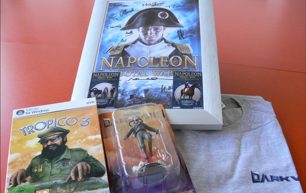 [26/03/2010] Erster Preis: Bild von Napoleon Total War inklusive Unterschriften aller Entwickler, PC-Spiel Tropico 3, Dark Void Figur und Dark Void T-Shirt