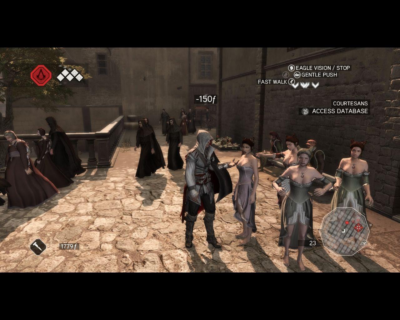 [03/03/2010] Die Gassen der Städte sind fantastisch belebt. Hier heuert Ezio ein paar Straßenmädchen an, um einige Wächter abzulenken - so wird der Weg frei.