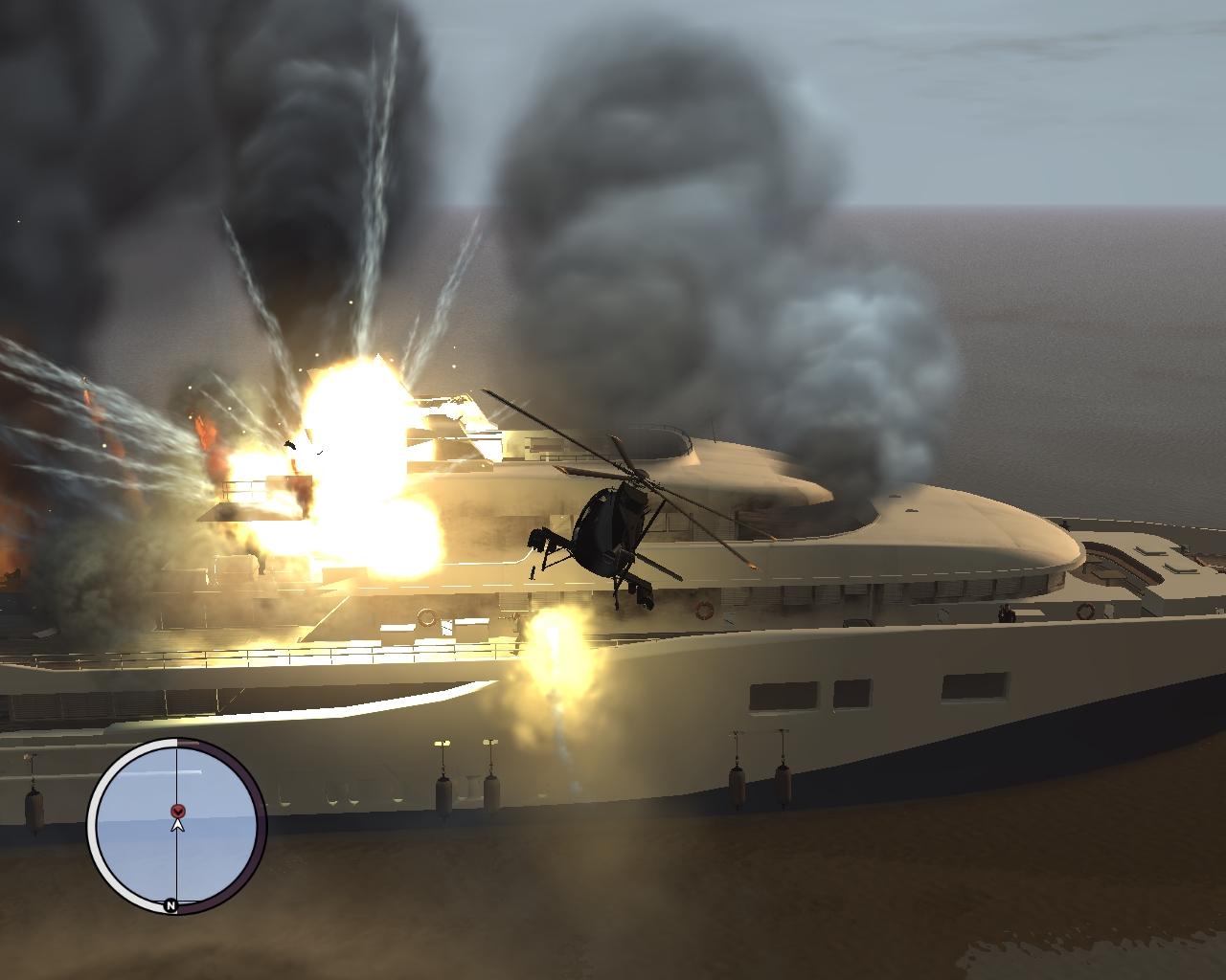 [14/04/2010] Schon kurz nach dem Start lässt es TBOGT mächtig krachen: Mit einem Heli zerlegen Sie eine Yacht. Genau von dort haben Sie vorher den Hubschrauber geklaut.
