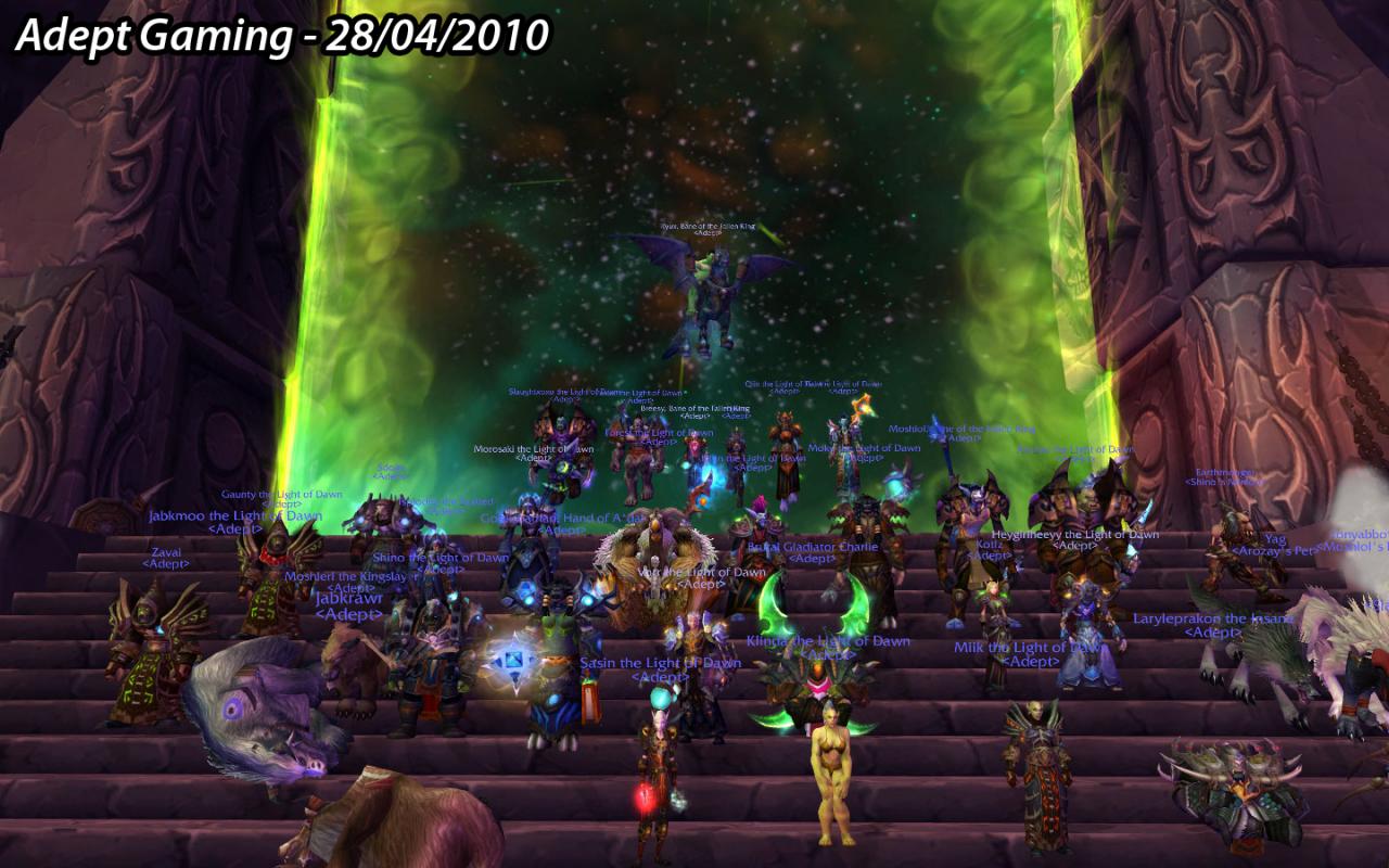 [01/06/2010] Platz 10:AdeptAuf der zehnte Platz wird von einer US-Gilde gehalten, diesmal von Adept. Sie spielt auf dem Server Dreadmaul. Die Gilde legte den Lich King (10 Mann) als weltweit vierte Gruppe im heroischen Modus. In den USA waren sie die ersten.