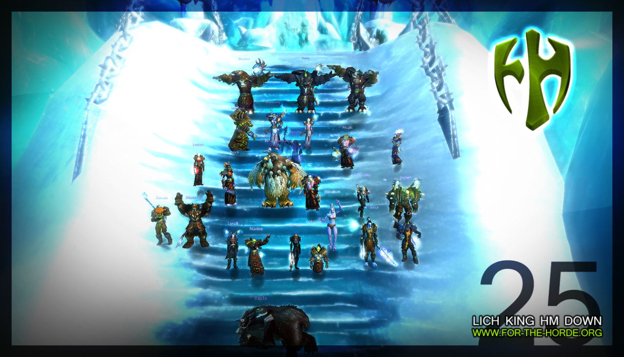 [01/06/2010] Platz 2:For the HordeDie Silbermedaille geht nach Deutschland an die Gilde For the Horde. Die Gruppe spielt auf dem Server Nazjatar. For the Horde konnte den Lich König weltweit beispielsweise als zweite Gilde im 25-Spieler-Modus besiegen.