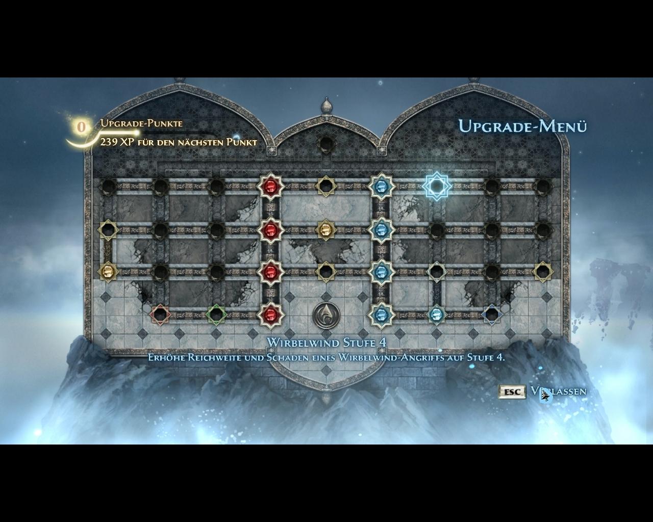 [10/06/2010] Für jeden Levelaufstieg (links oben sehen Sie die Erfahrungspunkte-Leiste) darf man einen Punkt in diesem Talentbaum verteilen. So schaltet man neue Zauber und Upgrades frei.