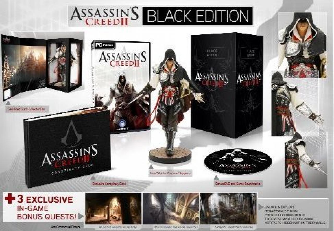 [16/07/2010] Assassins Creed 2-Black Edition[br]Anders als die PS 3-Version ist die Assassins Creed 2 Black Edition für rund 70 Euro relativ preiswert zu haben. Die Edition enthält neben dem Spiel, 3 Ingame-Bonusmissionen, eine limitierte Figur von Ezio, den Soundtrack von Jesper Kyd, ein Making-of-Video, ein Buch und eine Sammlerbox. 