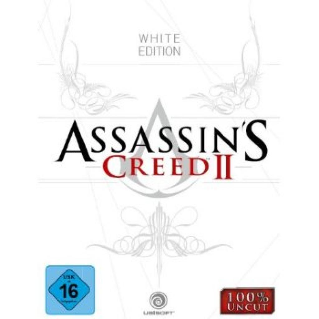 [16/07/2010] Assassins Creed 2-White Edition[br]Deutlich günstiger, als ihr schwarzes und strenger limitiertes Gegenstück, ist die Assassins Creed 2: White Edition. Dafür hat die Box aber auch weniger zu bieten. Lediglich das Spiel, eine Sammlerfigur von Ezio, eine Sammlerbox und eine Zusatzmission sind für rund 40 Euro zu haben.