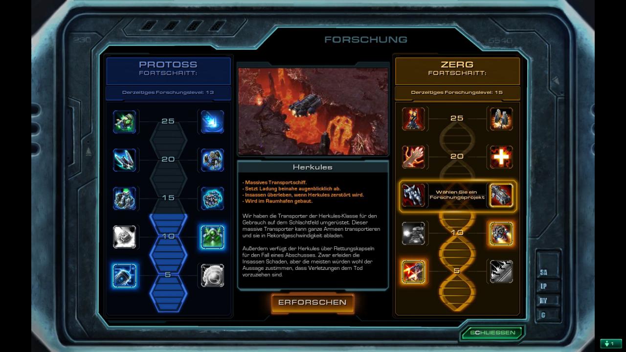 [30/07/2010] Wissenschaft: In Missionen verdient man Protoss- und Zerg-Forschungspunkte. Steigt man in einem Forschungszweig einen Level auf, muss man sich zwischen zwei sehr nützlichen Technologien entscheiden - ein simples System, das aber trotzdem viel Spaß macht!