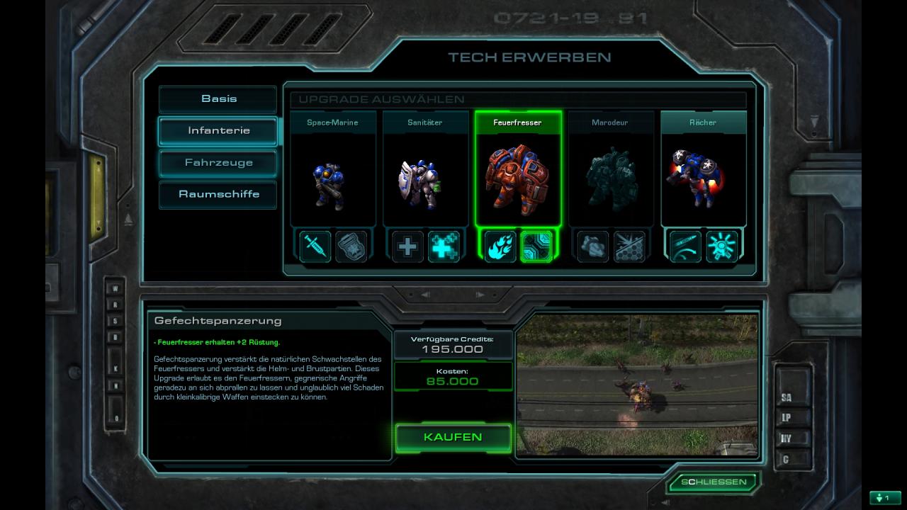 [30/07/2010] Aufgerüstet: An dieser Konsole gibt man den Großteil der Credits aus, die man für erledigte Missionen verdient hat. Viele Einheiten und Gebäude bieten bis zu zwei mögliche Upgrades, die teils dramatische Auswirkungen auf ihre Leistungsfähigkeit haben. Motivierend!