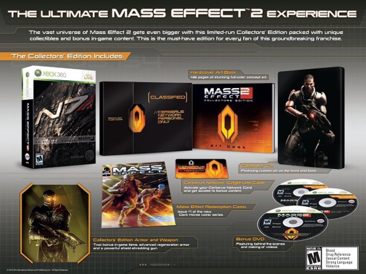 [16/07/2010] Mass Effect 2-Collector's Edition[br]Für den stolzen Preis von fast 100 Euro können Fans den Kampf gegen die Aliens mit der Collector‘s Edition aufnehmen. Diese enthält neben dem Spiel eine Steel Book Spiele-Box, ein Artbook, eine Cerberus Network Karte, die erste Ausgabe des Mass Effect Redemption Comics, eine Making-of-Bonus DVD und das exklusive Item-Set. 