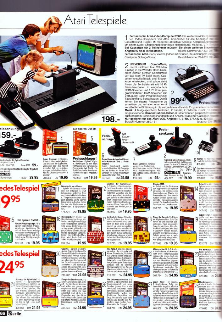 [29/08/2010] Diese Katalogseite ist 25 Jahre alt: 1985 konnten Sie bei Quelle für knapp 200 D-Mark (rund 100 Euro) einen Atari 2600 erstehen. Die Spiele kosteten 20 Mark (ca. 10 Euro). (1)