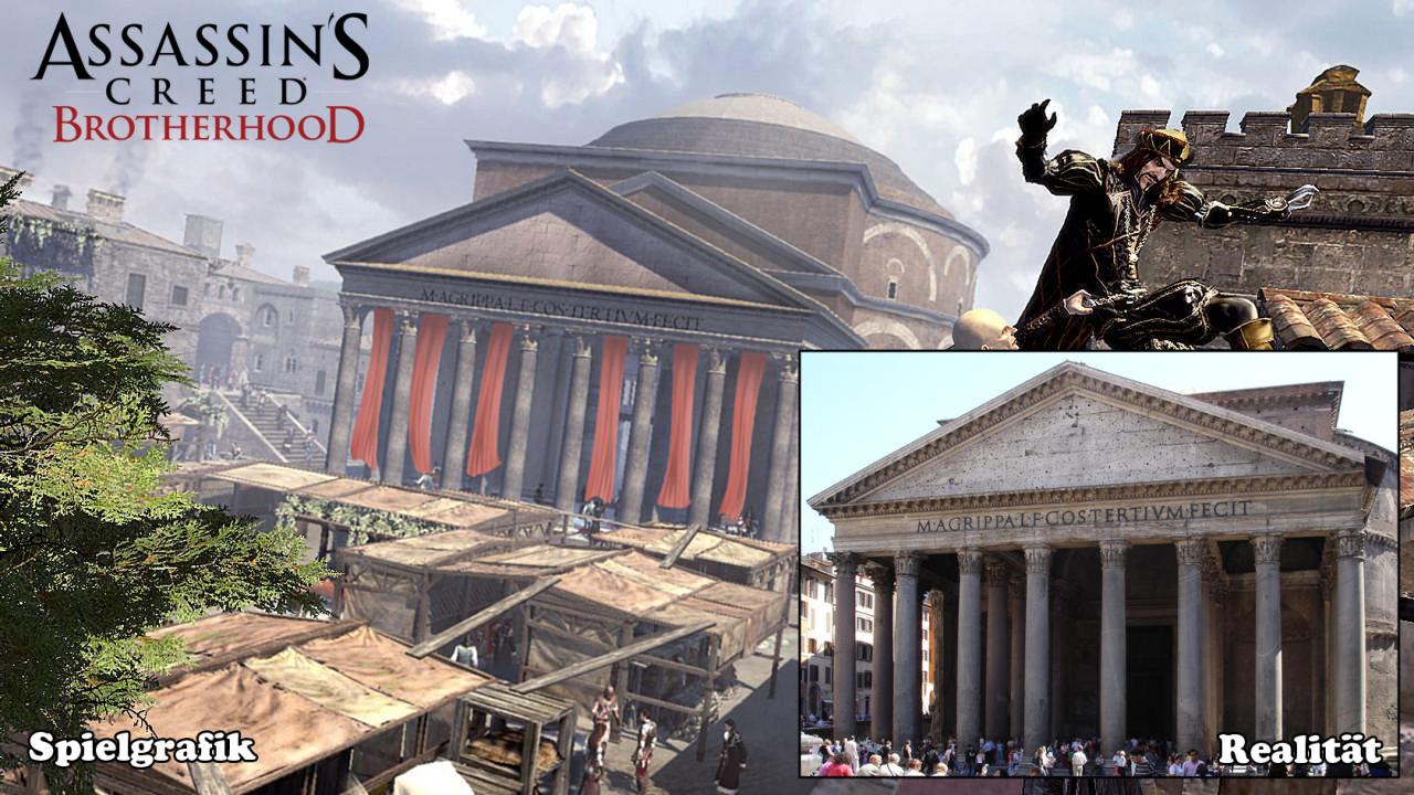 [09/08/2010] Robenträger Ezio beginnt da, wo er aufgehört hat. In Italien versucht in seinem kommenden Abenteuer Assassin's Creed: Brotherhood den Templerbund ein für alle Mal zu zerschlagen. Natürlich finden sich im Spiel bekannte Bauwerke, wie das Pantheon, wieder (siehe Screenshot).