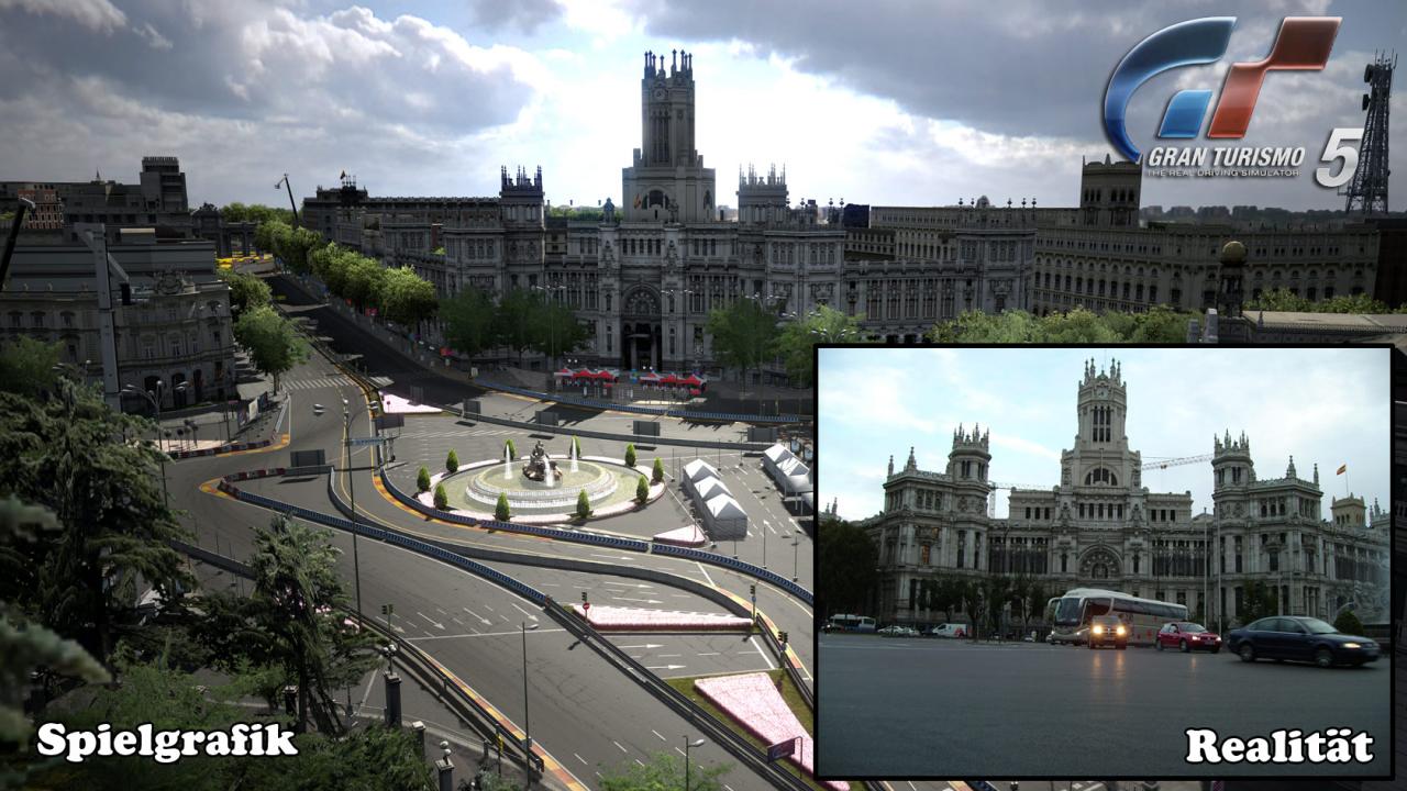 [09/08/2010] Die Rennkurse in Gran Turismo 5 führen Euch unter anderem durch einige europäische Metropolen. Im Bild: Die spanische Hauptstadt Madrid mitsamt dem Rathaus Palacio de Comunicacione.