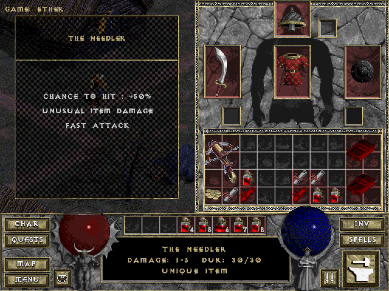 [16/08/2010] (1997) Waffen und andere Ausrüstungsgegenstände aus dem Action-RPG Diablo unterscheiden sich hinsichtlich ihrer Größe. Aus Platzgründen konnte man daher oftmals nicht die ganze Beute aus den Dungeons bergen.