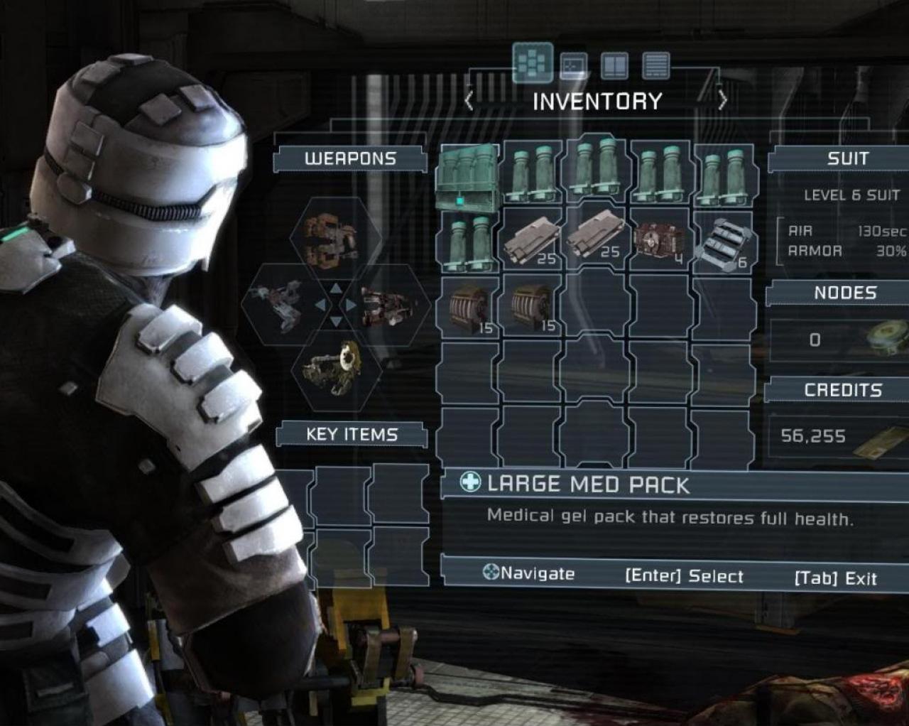 [16/08/2010] (2008) Der aufgeräumte Inventarbildschirm aus Dead Space reißt euch nicht einfach aus dem Spiel, sondern wird als Hologramm mitten in den Raum geworfen.