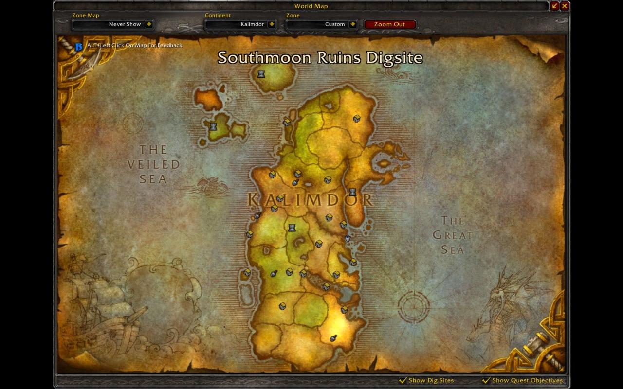 [10/09/2010] WoW Cataclysm: Archäologie - Auf der Weltkarte sehen Sie, in welchen Zonen Ausgrabungsstätten auf Sie warten.