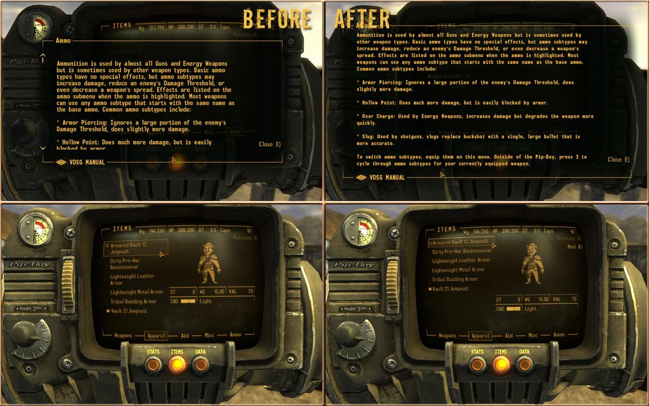 [27/10/2010] Fallout New Vegas-Mods - Hier sehen Sie Vergleichsbilder der neuen Benutzeroberfläche, die mit der MTUI mitkommen.