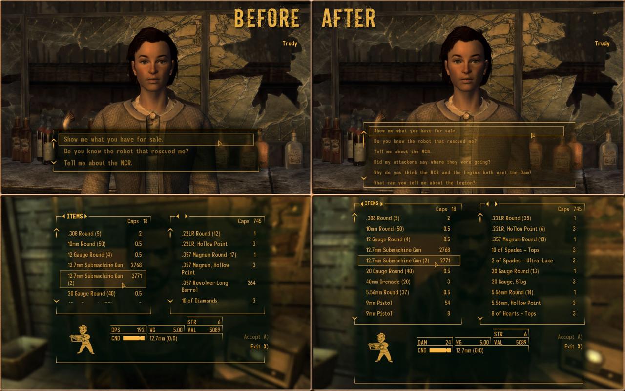 [27/10/2010] Fallout New Vegas-Mods - Hier sehen Sie Vergleichsbilder der neuen Benutzeroberfläche, die mit der MTUI mitkommen.