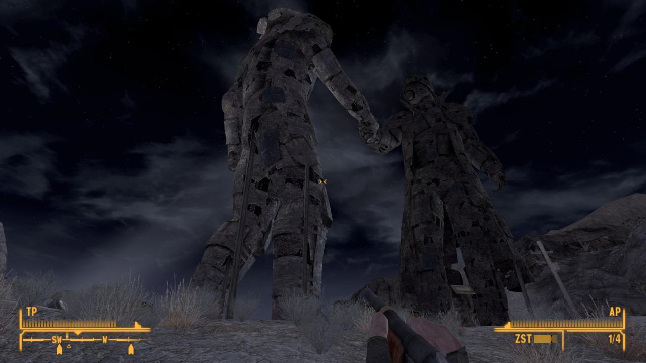 [21/10/2010] Um Verstärkung für die RNK-Truppen in Primm zu erhalten, begeben wir uns zum Mojave Outpost. Am Eingang des Lagers stehen weithin sichtbar zwei riesige Statuen, die uns den Weg weisen.