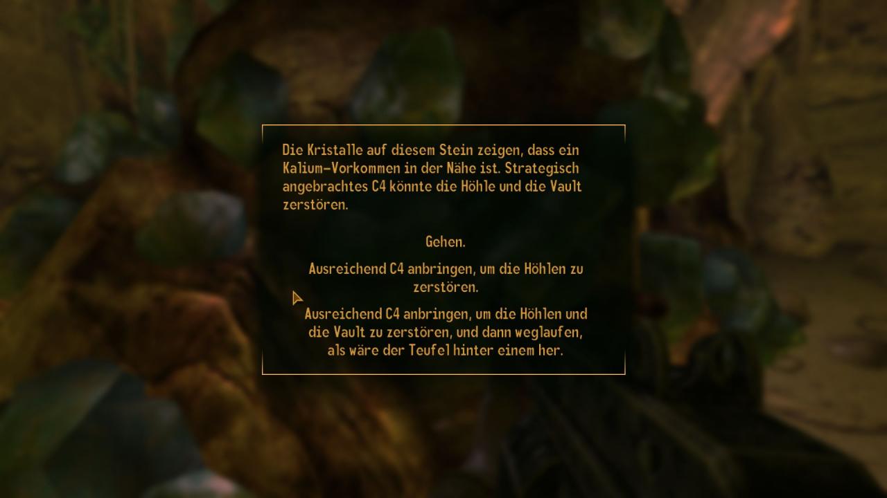 [26/10/2010] In Vault 19 sollen wir für Philip Lem den Zugang der Pulverbanditen zum Schwefel abschneiden. Mit ein wenig C4 lässt sich der riesige Steinhaufen in den Höhlen in die Luft jagen, woraufhin die Tunnel oder gleich die ganze Vault zusammenbrechen.