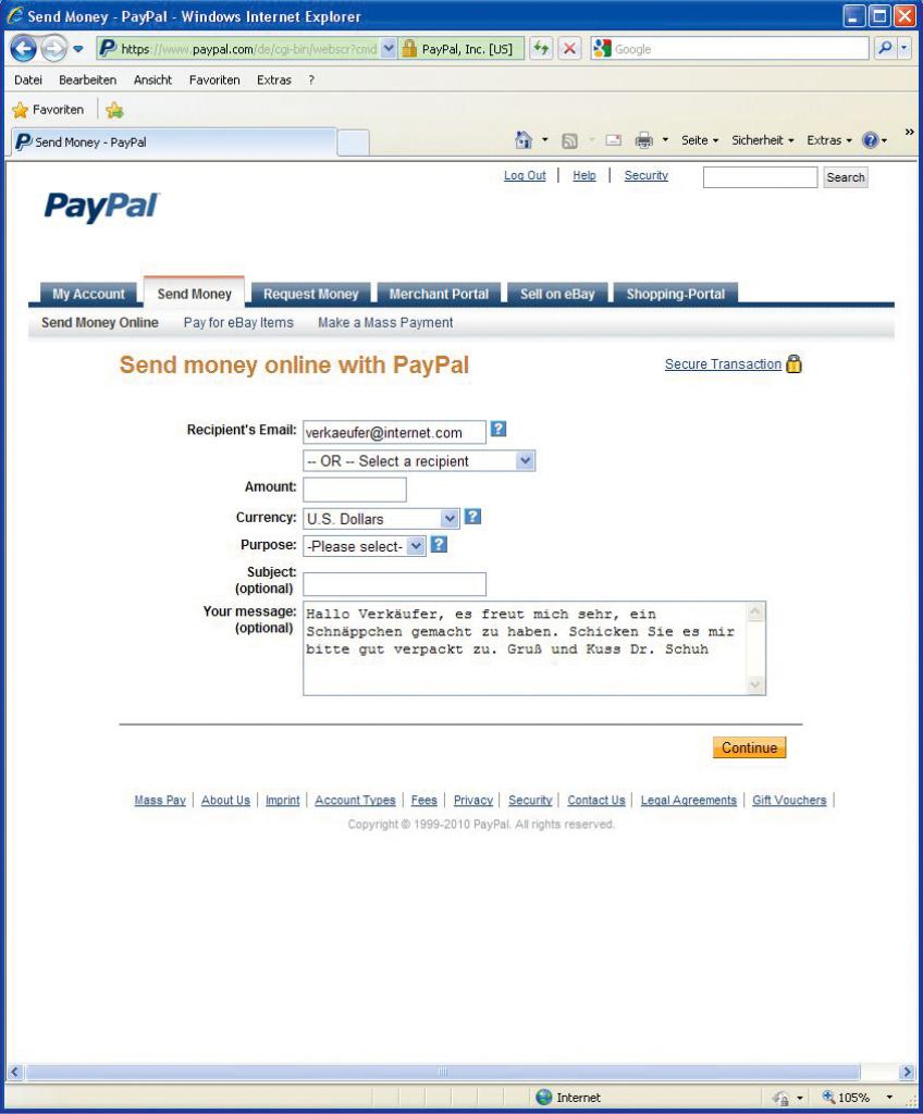 [20/10/2010] Mit Diensten wie Paypal erhält der Verkäufer in wenigen Sekunden sein Geld. Die Transaktion läuft über solche Eingabemasken.