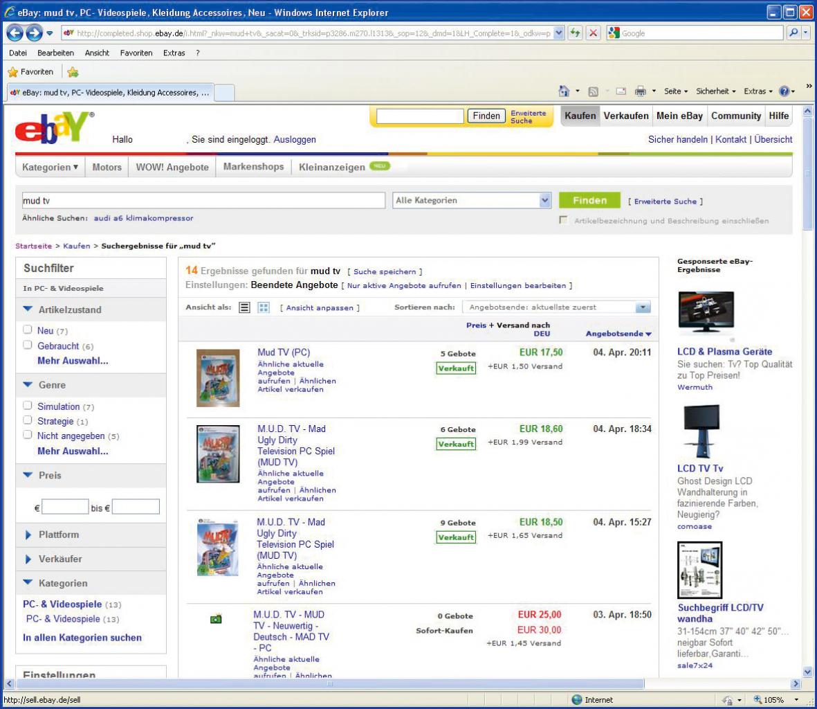 [20/10/2010] Mit der erweiterten Suchfunktion (siehe gelbes Fenster oben) finden Sie bei Ebay auch beendete Angebote für einen Preisvergleich. Im Bild sehen Sie eine Suche nach ausgelaufenen Auktionen für das Spiel M.U.D. TV.