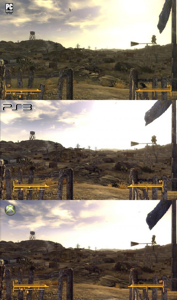 [19/10/2010] Der Grafikvergleich zu Fallout: New Vegas. Oben sehen Sie die PC-Version, darunter die Playstation 3-Fassung und ganz unten die Xbox 360-Variante. (3)