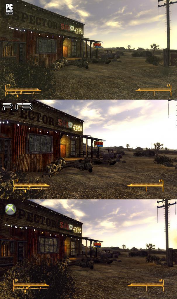 [19/10/2010] Der Grafikvergleich zu Fallout: New Vegas. Oben sehen Sie die PC-Version, darunter die Playstation 3-Fassung und ganz unten die Xbox 360-Variante. (4)