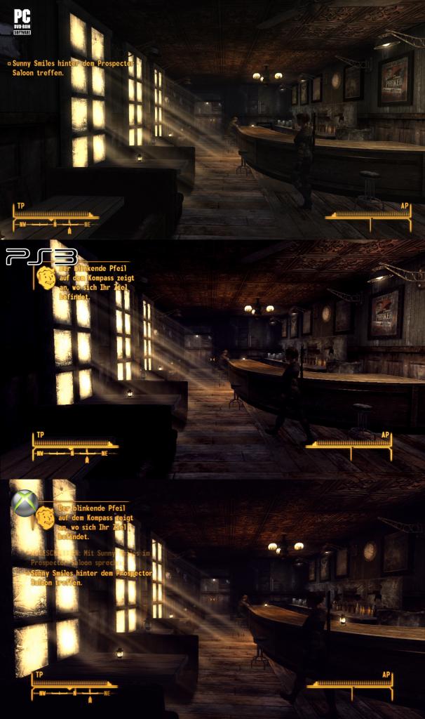 [19/10/2010] Der Grafikvergleich zu Fallout: New Vegas. Oben sehen Sie die PC-Version, darunter die Playstation 3-Fassung und ganz unten die Xbox 360-Variante. (6)