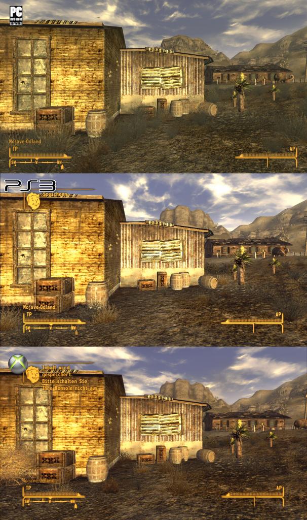 [19/10/2010] Der Grafikvergleich zu Fallout: New Vegas. Oben sehen Sie die PC-Version, darunter die Playstation 3-Fassung und ganz unten die Xbox 360-Variante. (7)