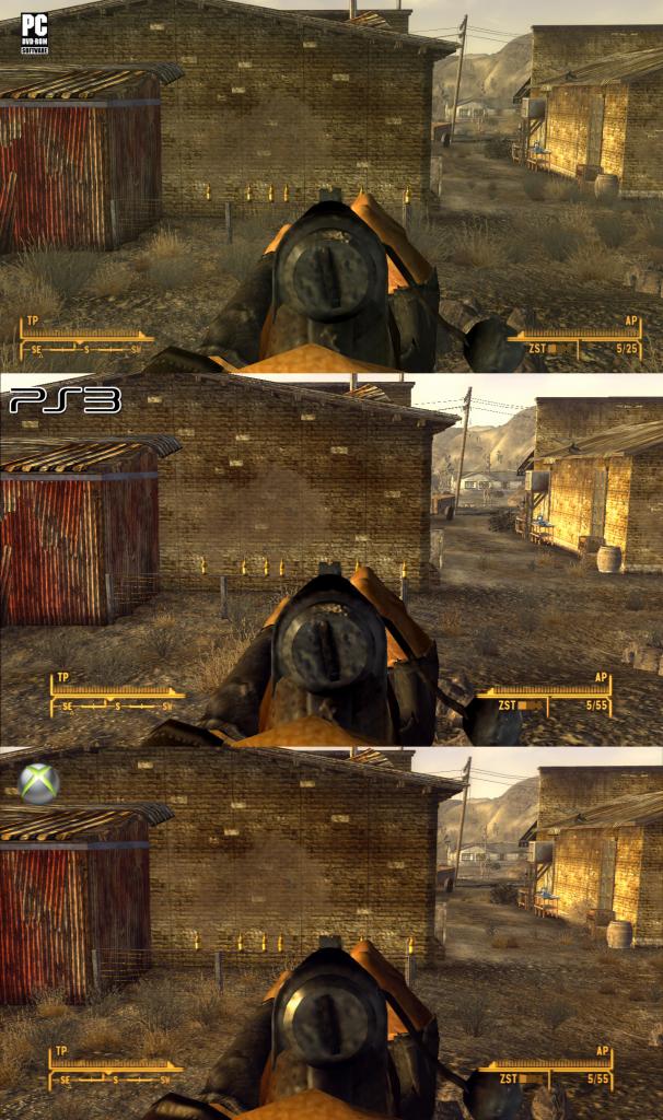 [19/10/2010] Der Grafikvergleich zu Fallout: New Vegas. Oben sehen Sie die PC-Version, darunter die Playstation 3-Fassung und ganz unten die Xbox 360-Variante. (8)