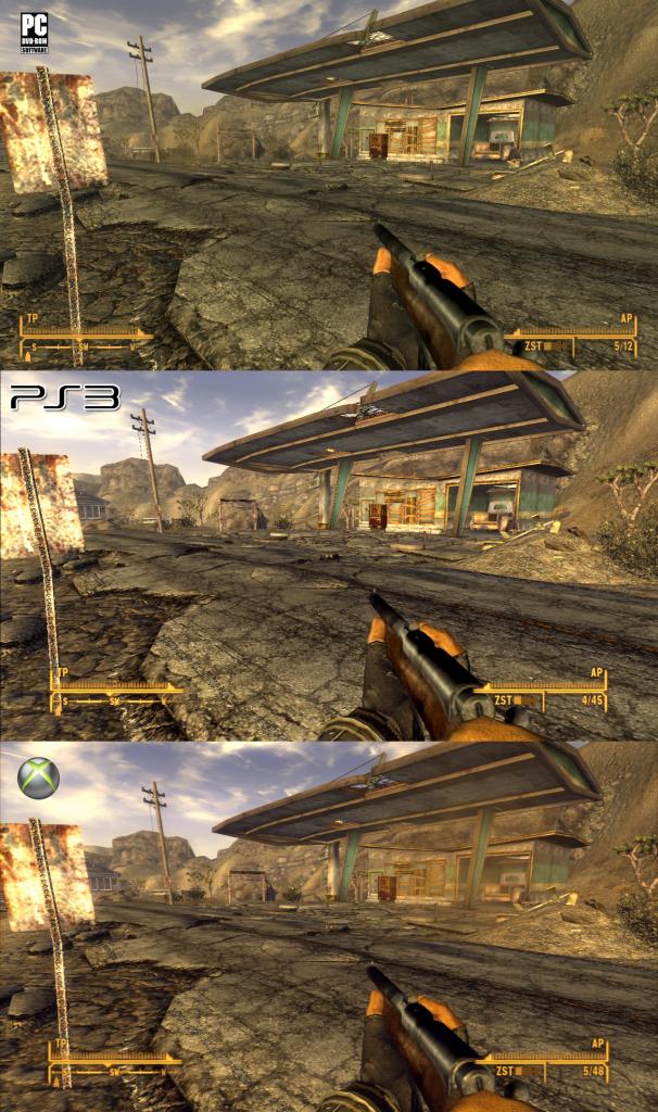 [19/10/2010] Der Grafikvergleich zu Fallout: New Vegas. Oben sehen Sie die PC-Version, darunter die Playstation 3-Fassung und ganz unten die Xbox 360-Variante. (9)