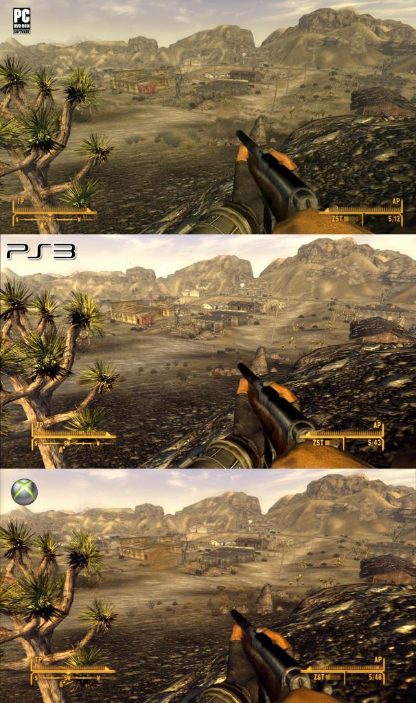 [19/10/2010] Der Grafikvergleich zu Fallout: New Vegas. Oben sehen Sie die PC-Version, darunter die Playstation 3-Fassung und ganz unten die Xbox 360-Variante. (10)