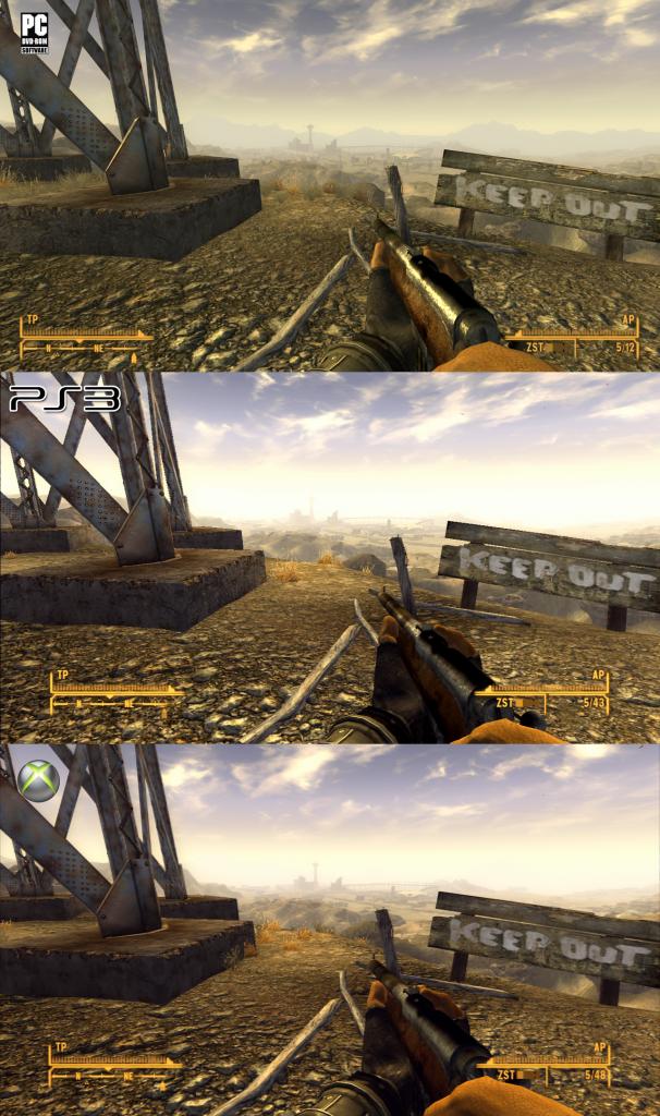 [19/10/2010] Der Grafikvergleich zu Fallout: New Vegas. Oben sehen Sie die PC-Version, darunter die Playstation 3-Fassung und ganz unten die Xbox 360-Variante. (11)