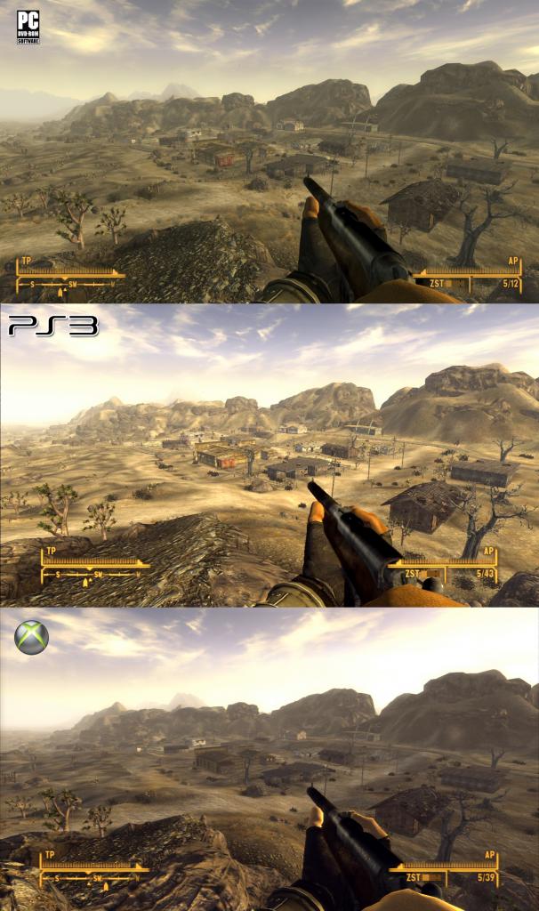 [19/10/2010] Der Grafikvergleich zu Fallout: New Vegas. Oben sehen Sie die PC-Version, darunter die Playstation 3-Fassung und ganz unten die Xbox 360-Variante. (12)