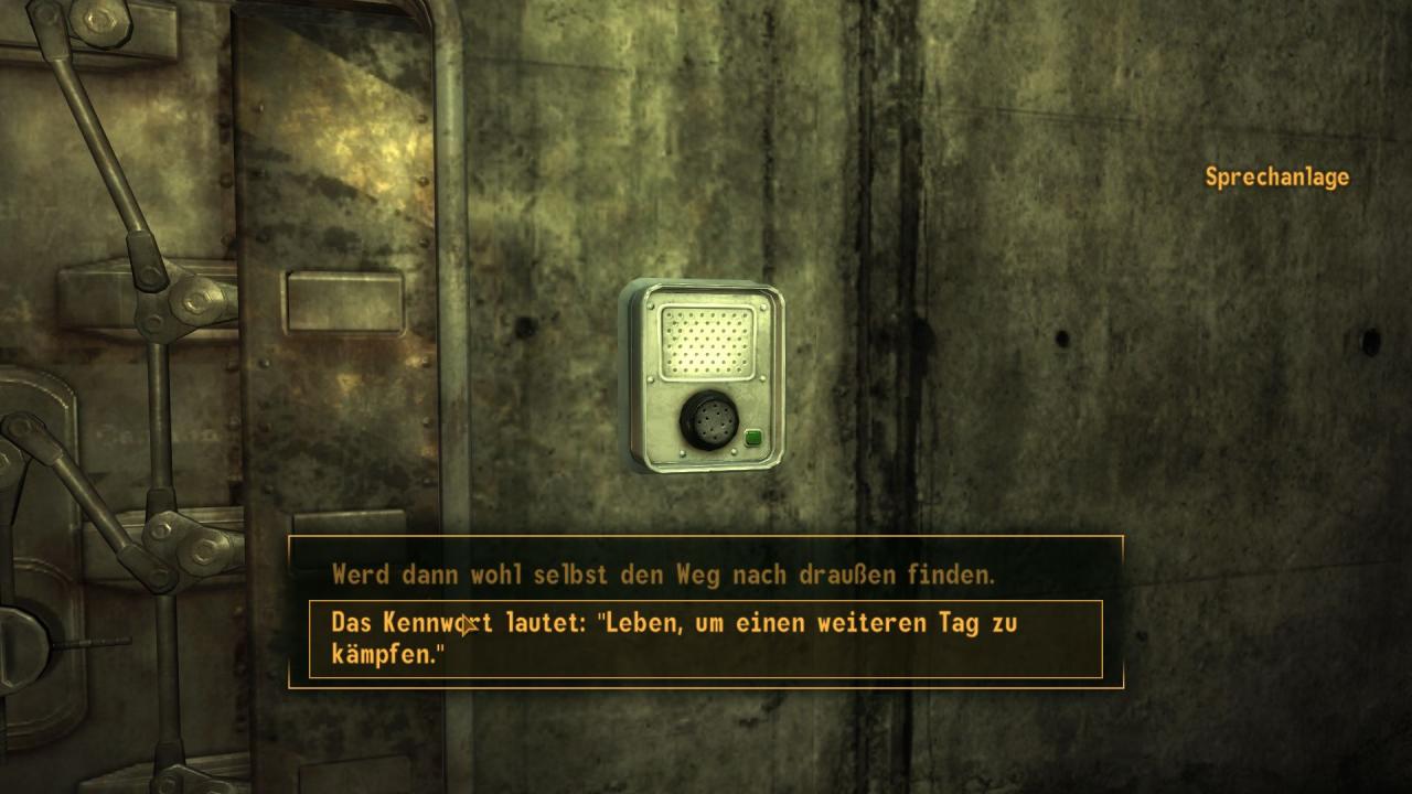 [02/11/2010] Der nordwestliche Bunker im Hidden Valley verbirgt eine geheime Basis der stählernen Bruderschaft. Wenn wir zuvor eine der Patrouillen der Bruderschaft im Ödland gefunden haben, können wir uns mit dem richtigen Kennwort an der Sprechanlage Zutritt verschaffen.