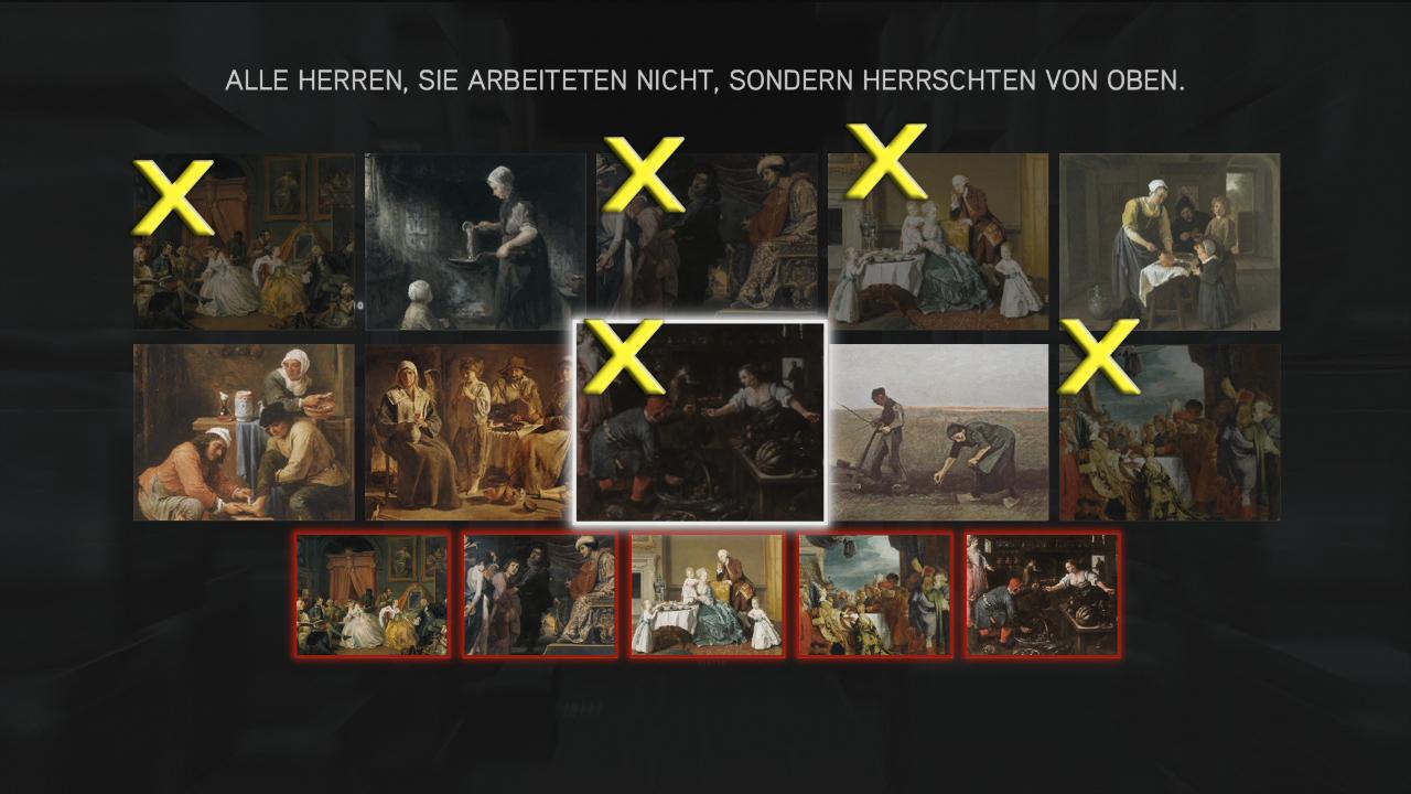 [16/11/2010] Assassin's Creed: Brotherhood Komplettlösung: Glyphen-Rätsel Nr. 1: Im ersten Rätsel gilt es, die korrekten fünf Bilder (mit X markiert) zu wählen. Der Tipp bezieht sich auf die Gemälde mit Männern, die nicht aus der Arbeiterschicht stammen.