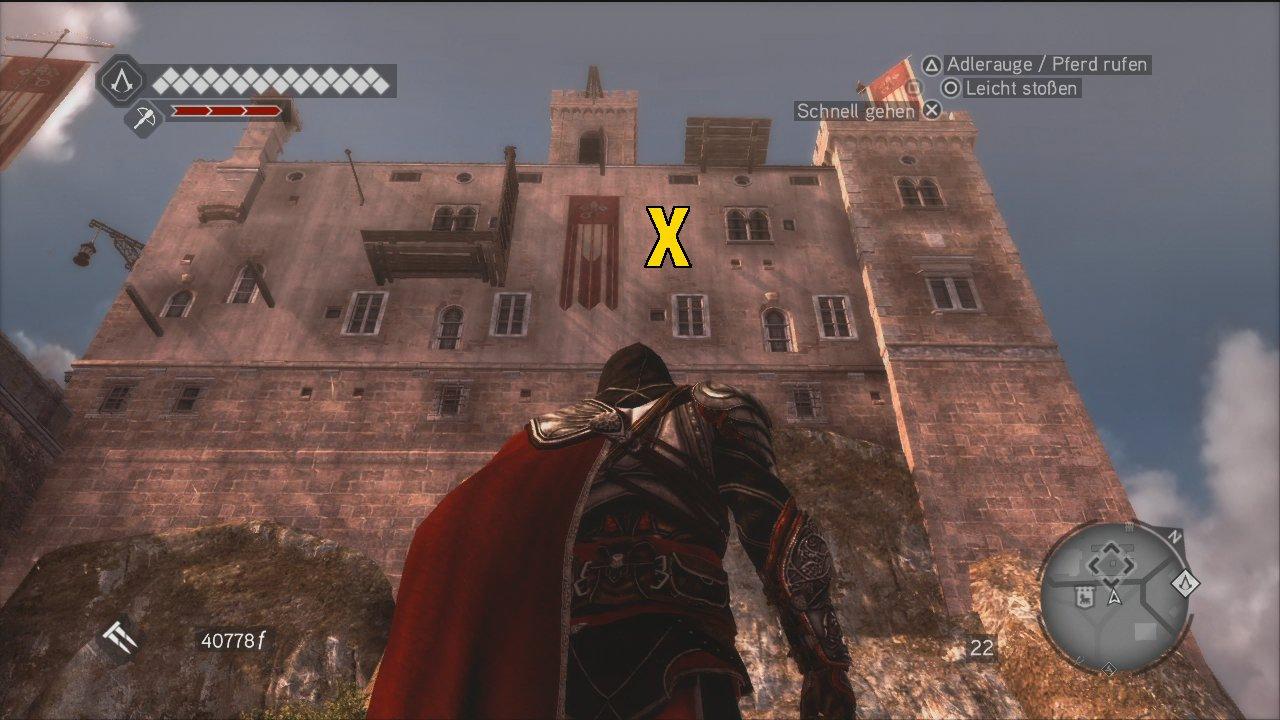 [16/11/2010] Assassin's Creed: Brotherhood Komplettlösung: Glyphen-Rätsel Nr. 9: An der markierten Stelle des Senatorenpalastes wartet die vorletzte Gylphe auf euch. Steigt an den vielen Fenstern entlang dort hin. (2)