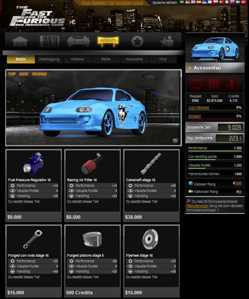 [16/11/2010] Der übersichtliche Ingame-Shop von Fast & Furious - Fan Immersion Game lässt Tuner-Herzen höher schlagen. 
