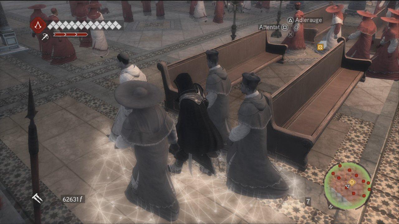 [19/11/2010] Im letzten Grab schleicht ihr euch in eine Messe. Versteckt euch in einer Gruppe, um nicht entdeckt zu werden. Euer Ziel ist der rechts im Bild anhand des gelben Symbols zu erkennende Kardinal.