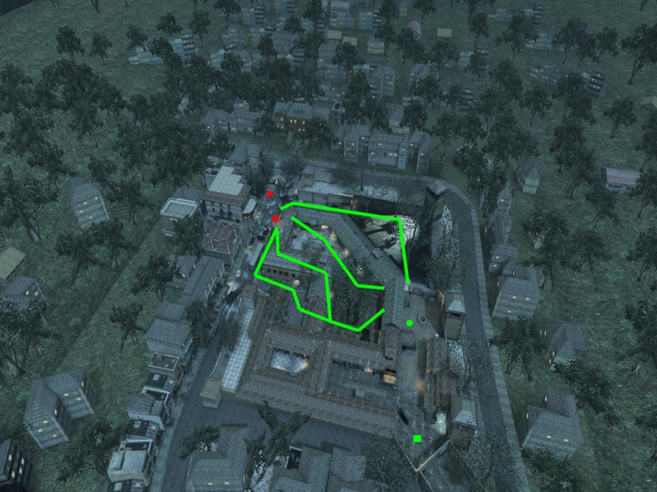 [25/11/2010] Capture the Flag - Das grüne Quadrat ist der Startpunkt der Black Ops, während die Speznas beim roten Quadrat beginnen. Die Sechsecke stellen die jeweilige Flagge da.