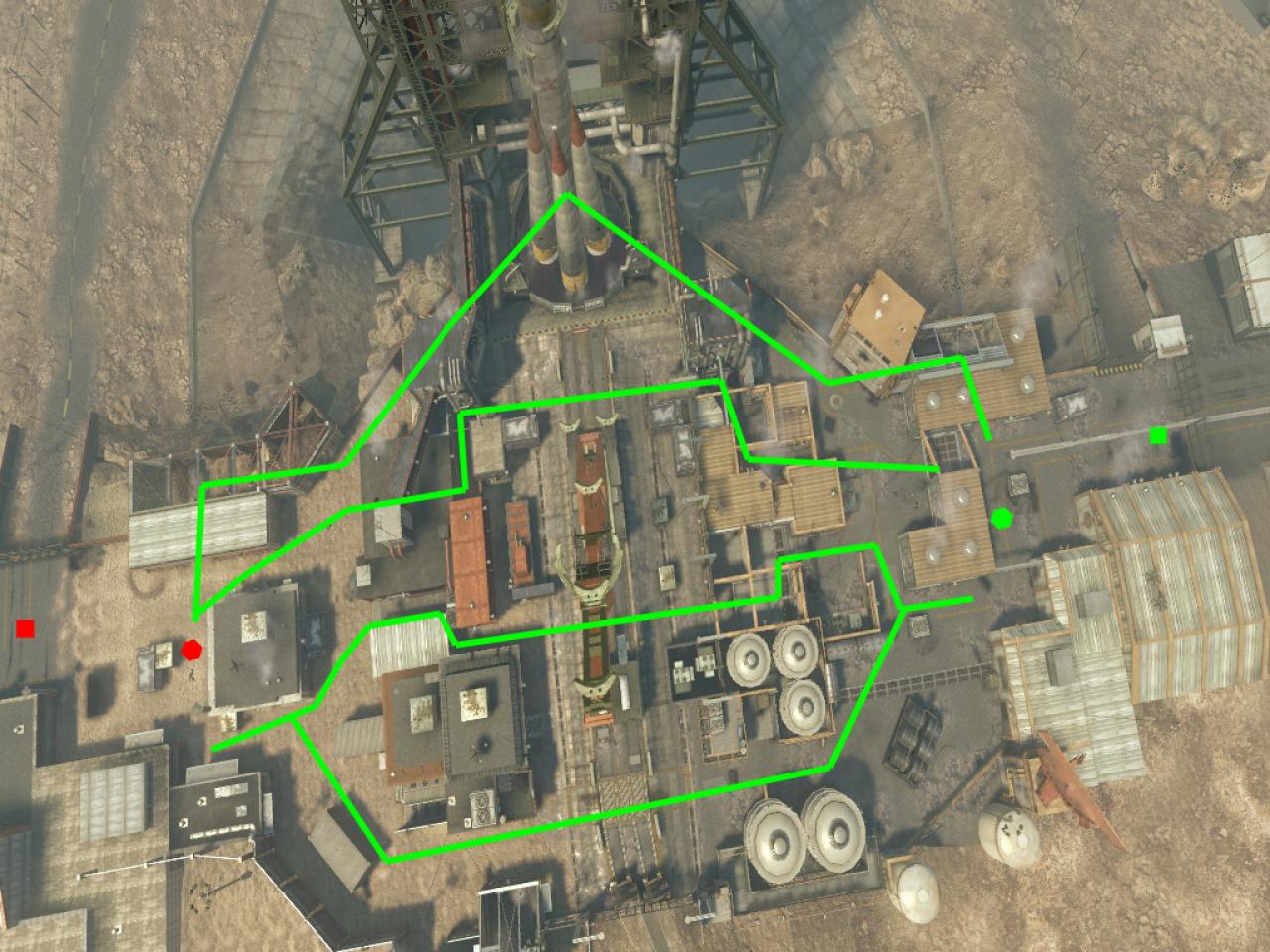 [26/11/2010] Capture the Flag - Das grüne Quadrat ist der Startpunkt der Black Ops, während die Speznas beim roten Quadrat beginnen. Die Sechsecke stellen die jeweilige Flagge da.